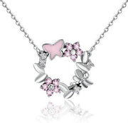925 Sterling Silve Pink Cherry Blossom Wreath Necklace