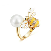 925 Sterling Silver, Pearl Bee Ring with zircons