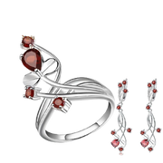 Natural Red Garnet , 925 Sterling Silver Ring and Earrings Set