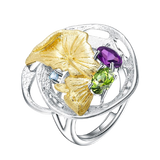 Natural Peridot Amethyst Gemstones, Gold Plated, Blue Diamond Ring