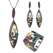 Natural Gemstones, Gold Plated, 925 Sterling Silver Handmade Necklace, Ring and Earrings Set