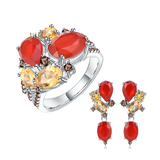 Natural Red Agate, Citrine Gemstones, 925 Sterling Silver Ring and Earrings Set