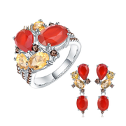 Natural Red Agate, Citrine Gemstones, 925 Sterling Silver Ring and Earrings Set