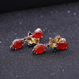 Natural Red Agate, Citrine Gemstones, 925 Sterling Silver Ring and Earrings Set